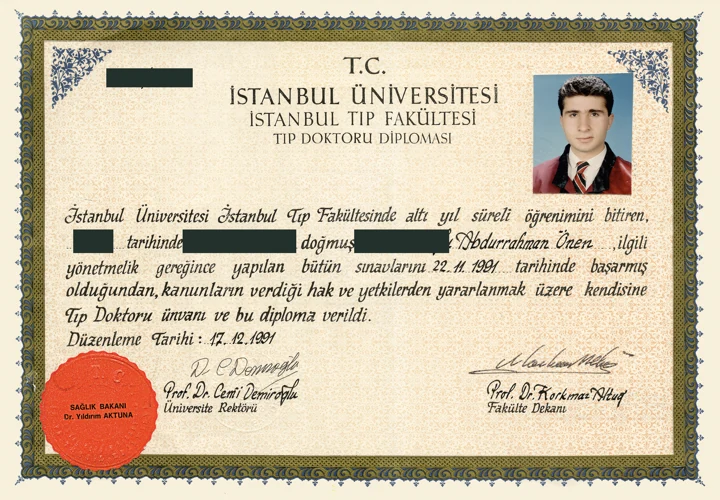 Abdurrahman Önen’in İstanbul Tıp Fakültesi tıp doktoru diploması; kişisel bilgiler kalıcı olarak gizlenmiştir