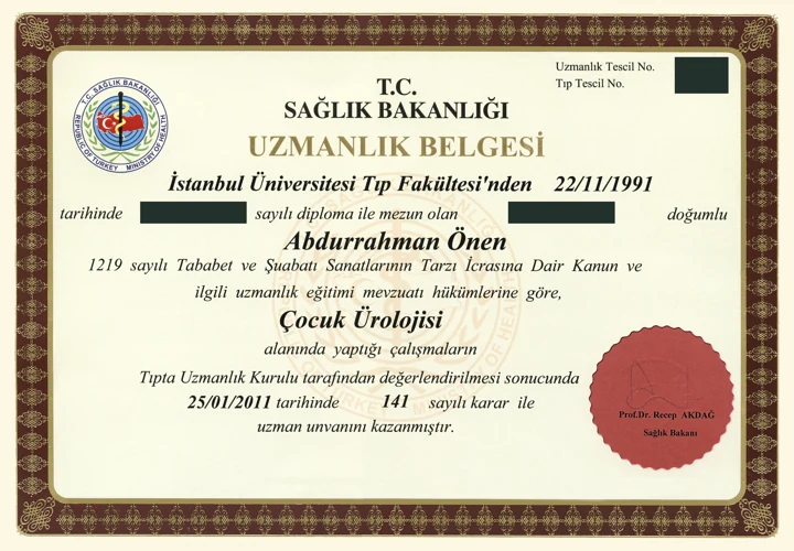 Abdurrahman Önen’in Çocuk Ürolojisi uzmanlık belgesi; kişisel bilgiler kalıcı olarak gizlenmiştir